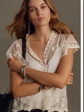 NWT Anthropologie Embroidered Flutter Sleeve Top